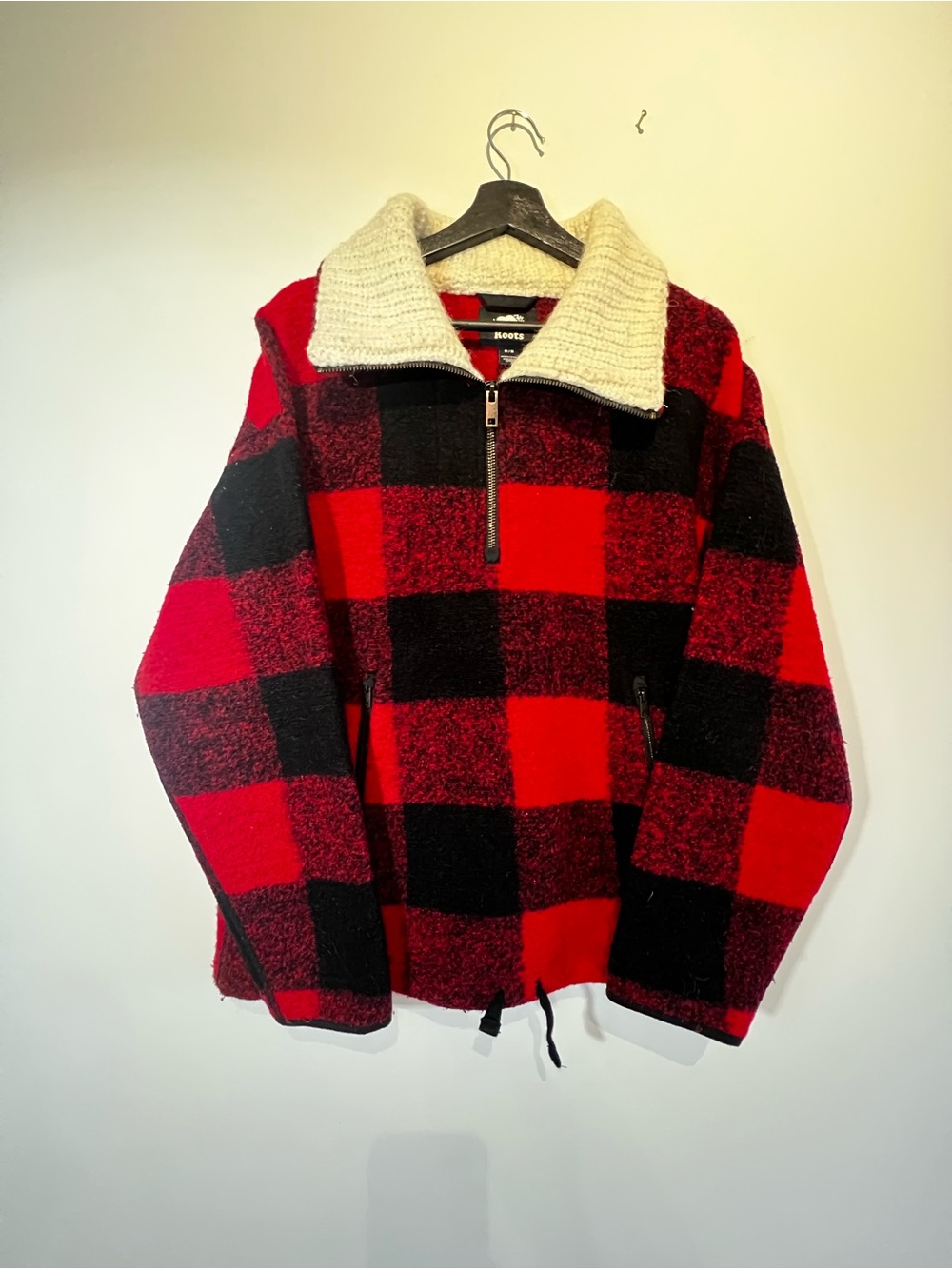 Roots Red and Black Buffalo Plaid Half-Zip with Cream Sherpa Trim